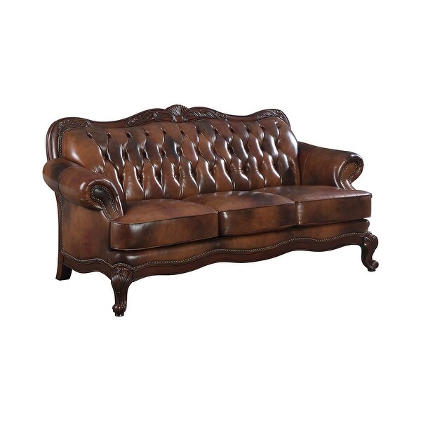 Wood and Leather Sofa in Warm Brown Finish