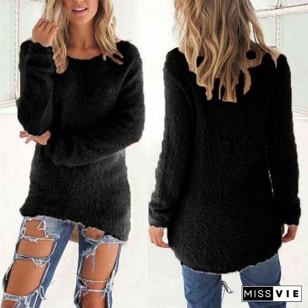 New Autumn and Winter Solid Color Warm Pullover Tops Women Long Sleeve Knitted Sweaters Plus Size