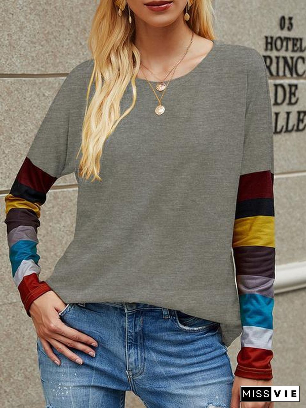 Casual Round Neck Striped Long Sleeve T-Shirt