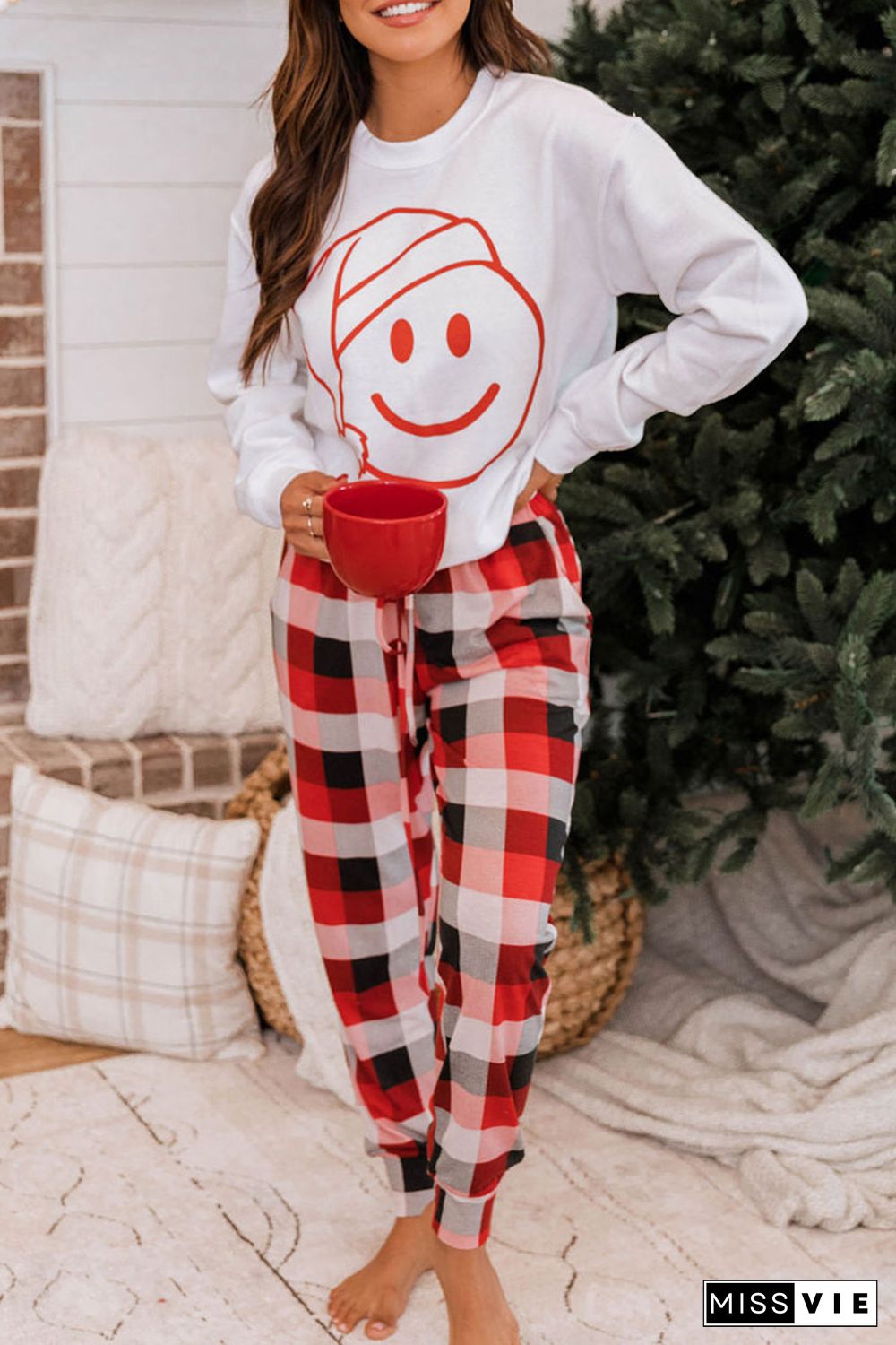 White Christmas Smile Face Print Top and Plaid Pants Lounge Set