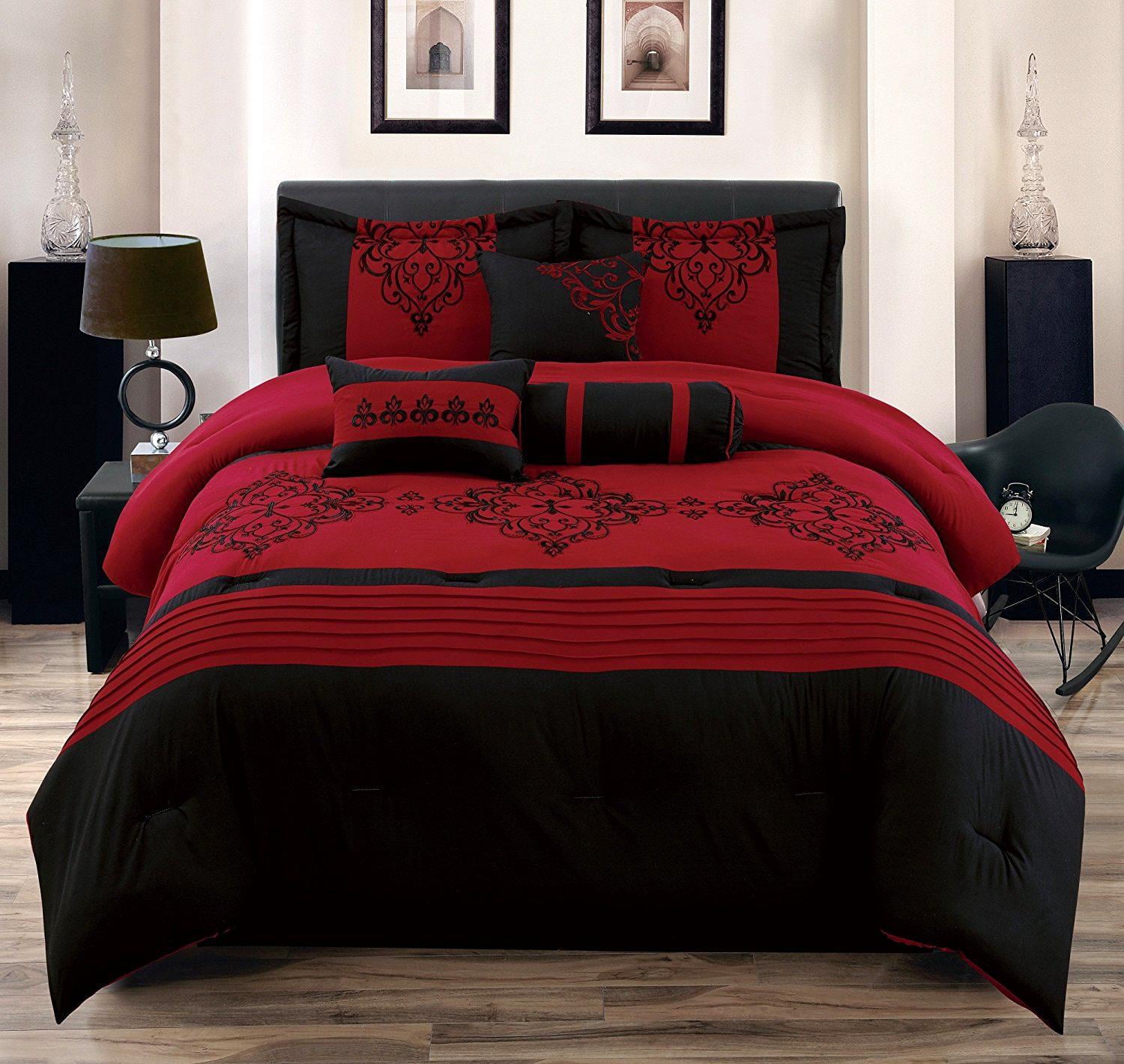 Heba Queen Size 7-Piece Comforter Set Red and Black Bed in a Bag Over-Sized Embroidered Bedding