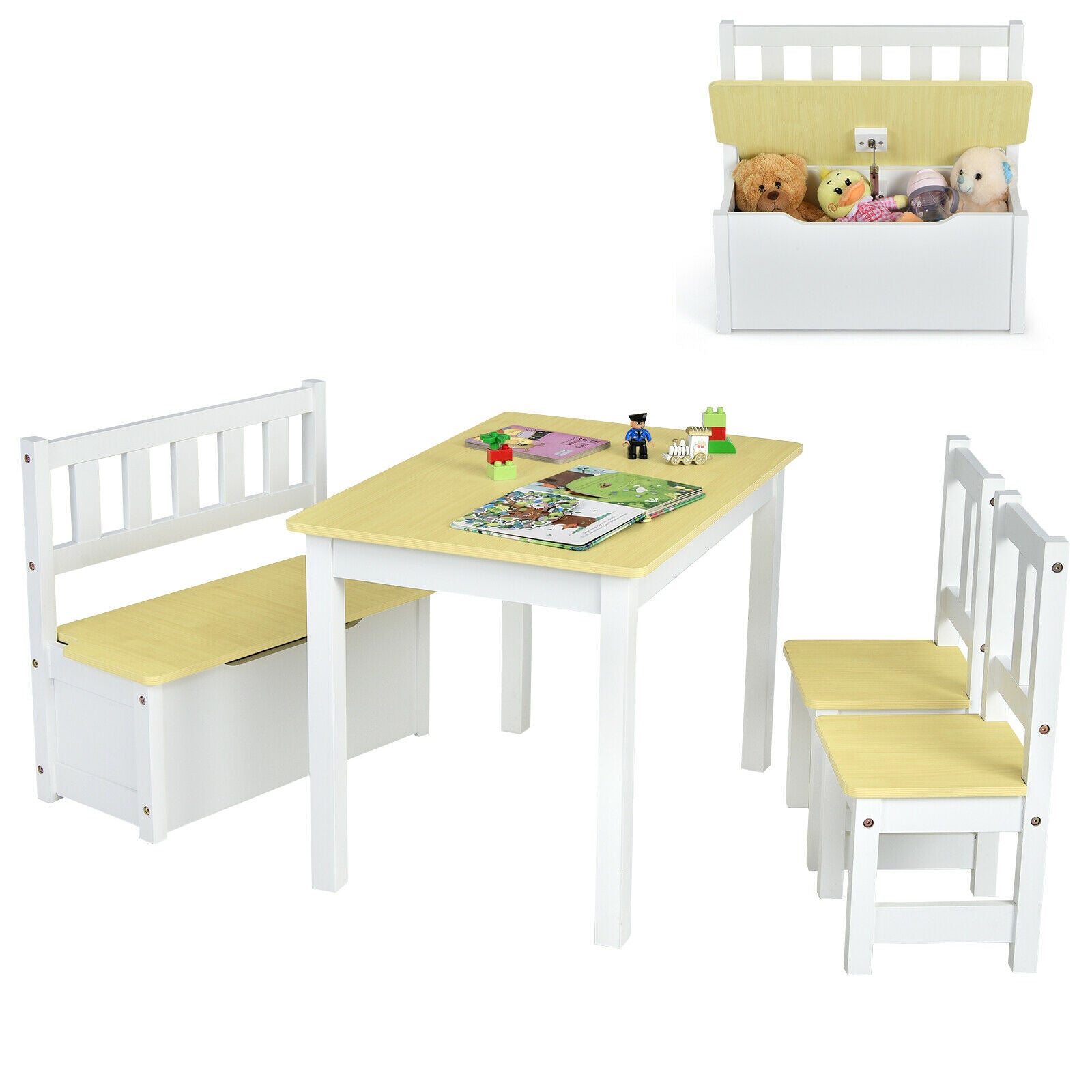 4 PCS Kids Wooden Activity Table & Chairs Set w/Storage Bench Study Desk