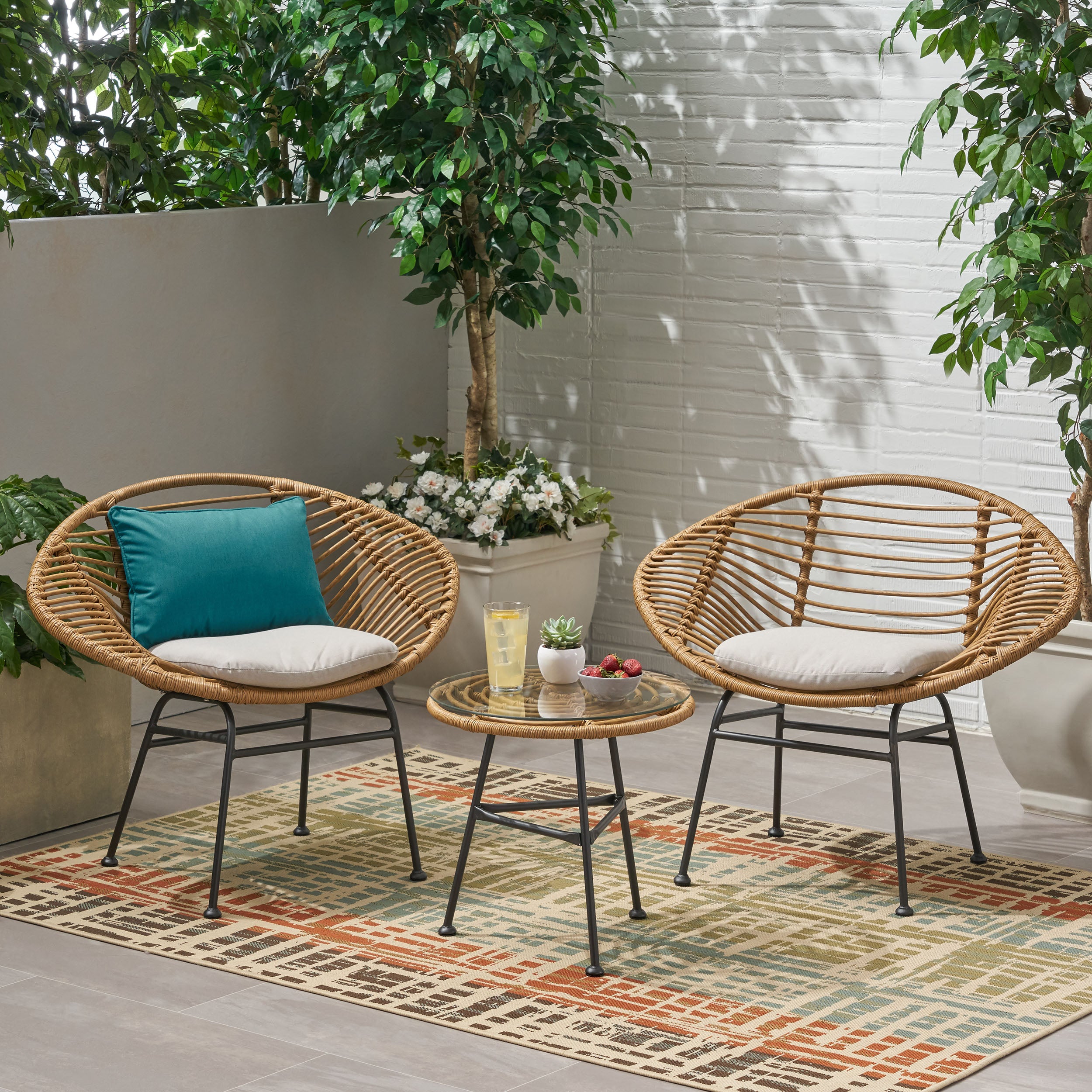 Isabel Outdoor Faux Wicker 2 Seater Chat Set with Tempered Glass Table