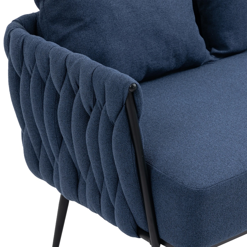 Modern Hand Woven Upholstered Sofa Chair  Navy Linen Accent Chair  Living Room Lounge Armrest Sofa with Metal Frame