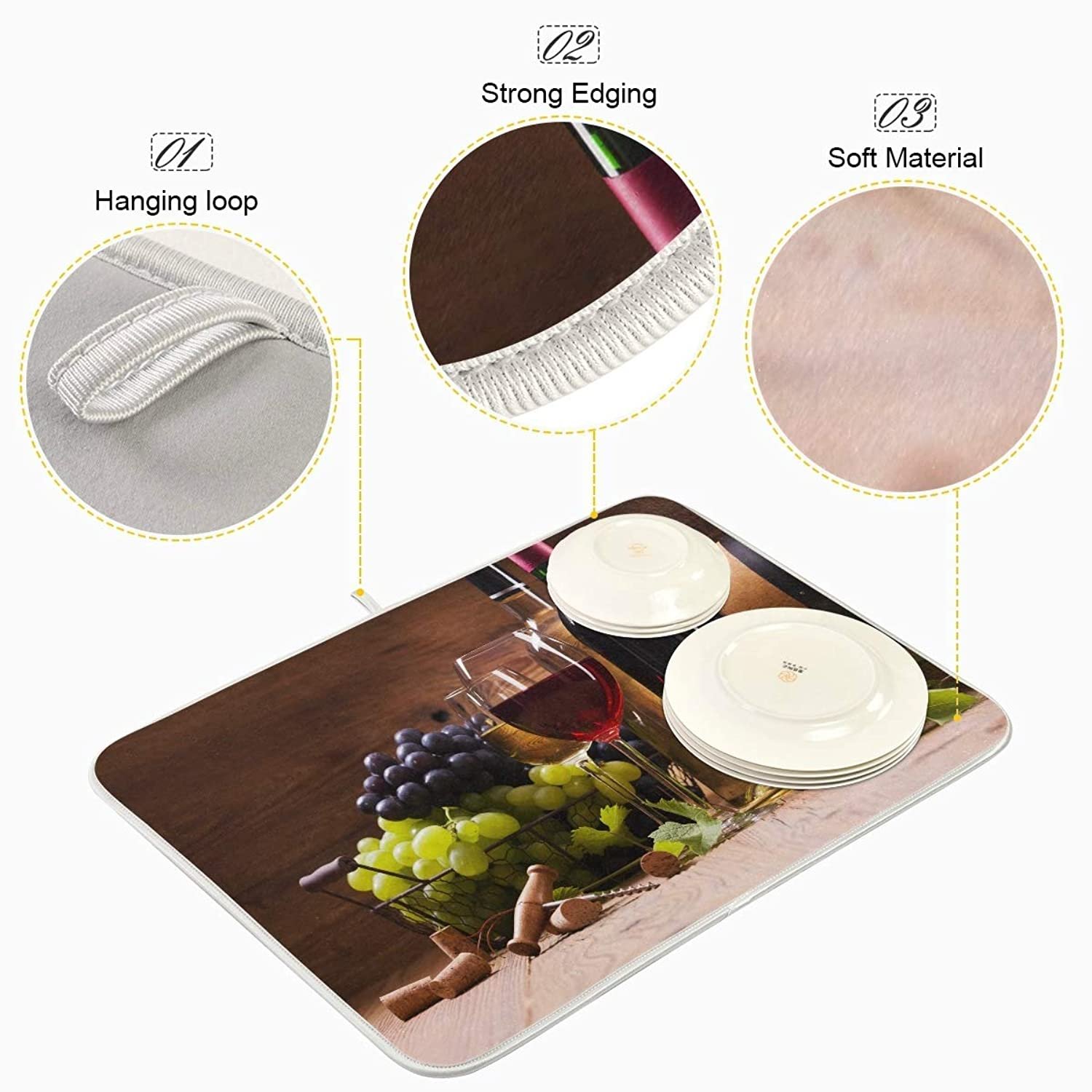 Wine Grape Still Life Dish Drying Mat For Kitchen Foldable Reversible Microfiber Absorben