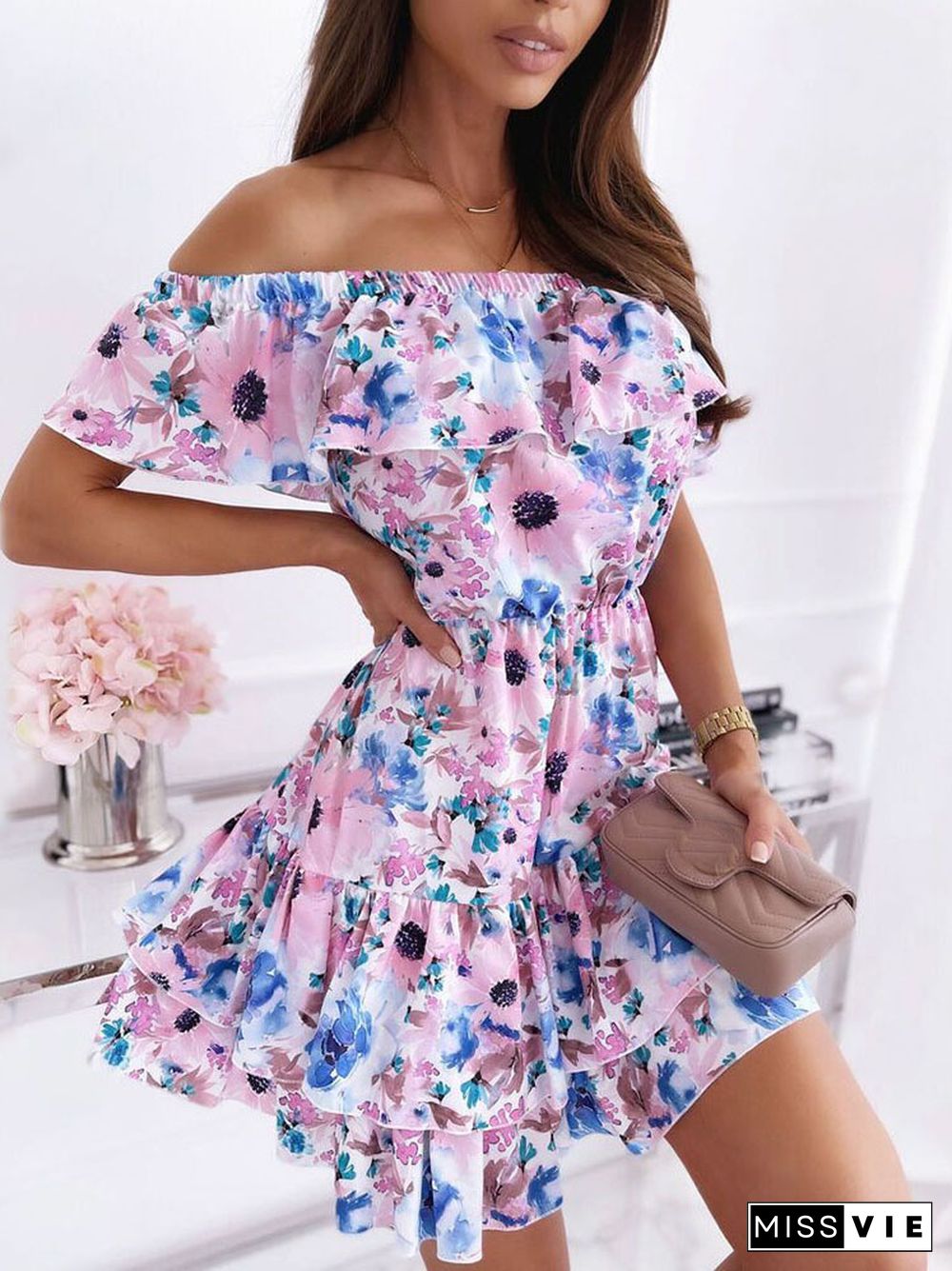 Casual Fashion Pink Slash Neck Mini Dress Women Summer Sexy Off-shoulder Ruffle Stitching Dress Woman Elegant Party Dresses