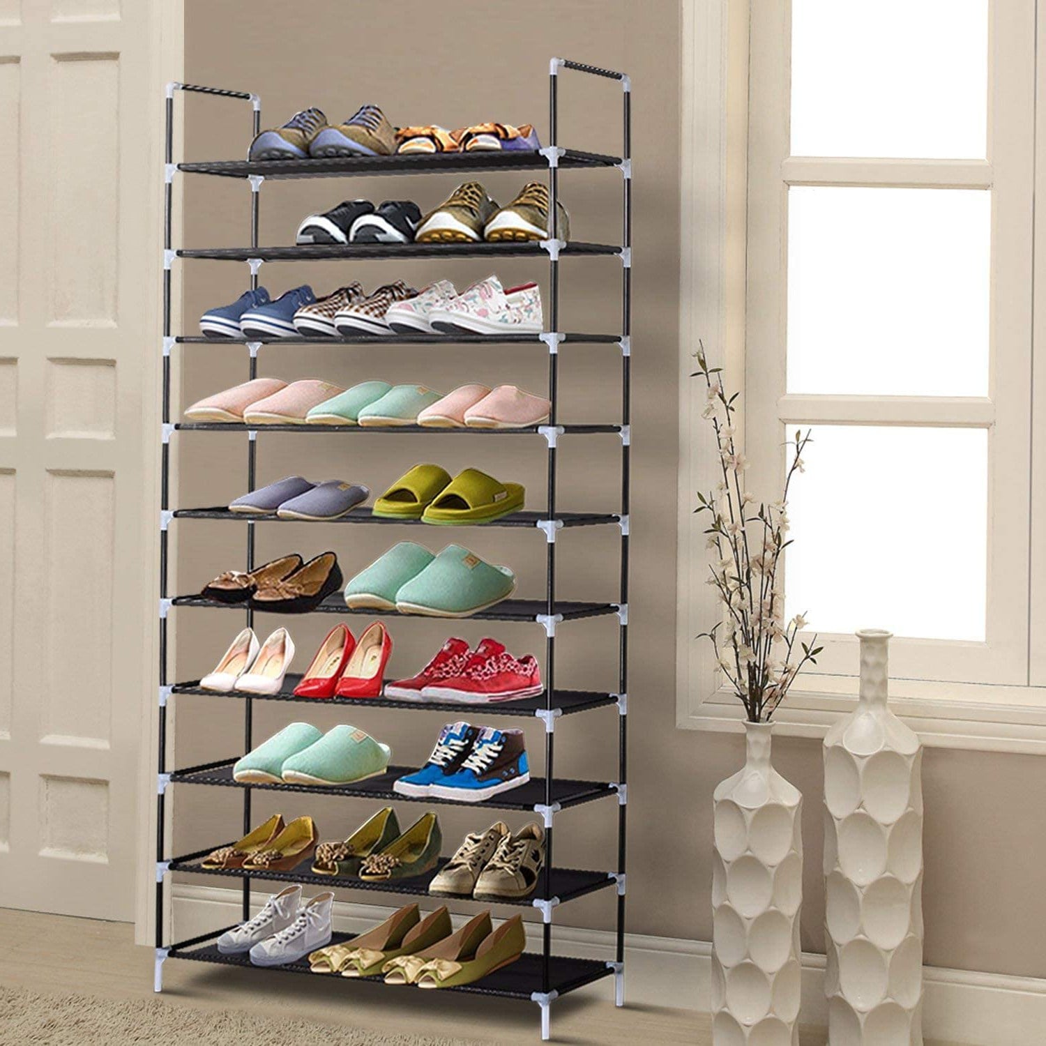 Zimtown 10-Tier 50 Pairs Shoe Rack Non-woven Fabric Shoe Tower Shoe Shelf Stand Shoe Storage Organizer Cabinet for Entryway Closet， Black Finish