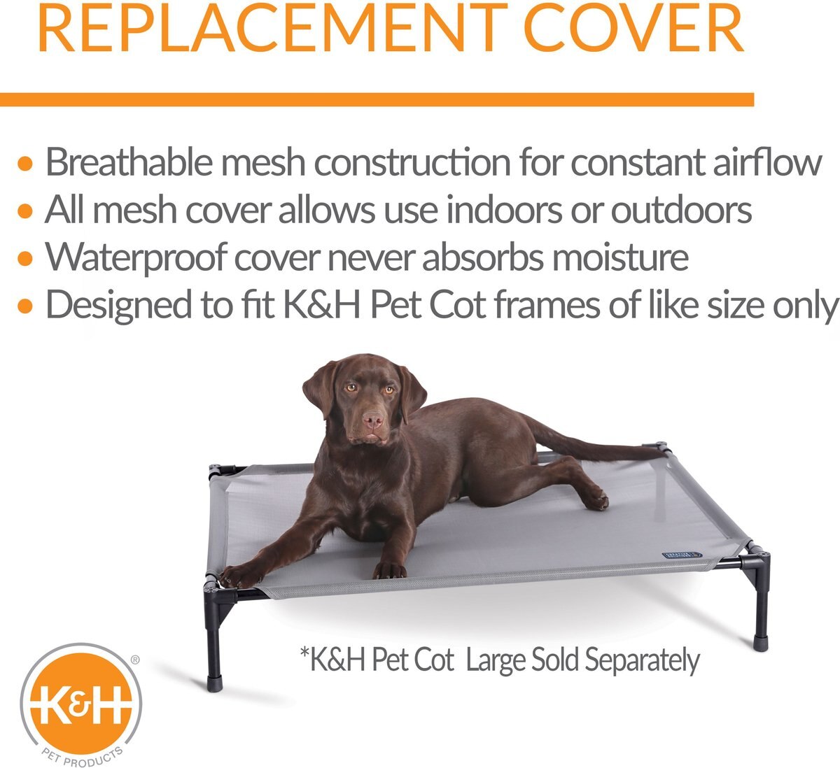 KandH Pet Products All Weather Elevated Dog Cot Bed Replacement Cover， Gray