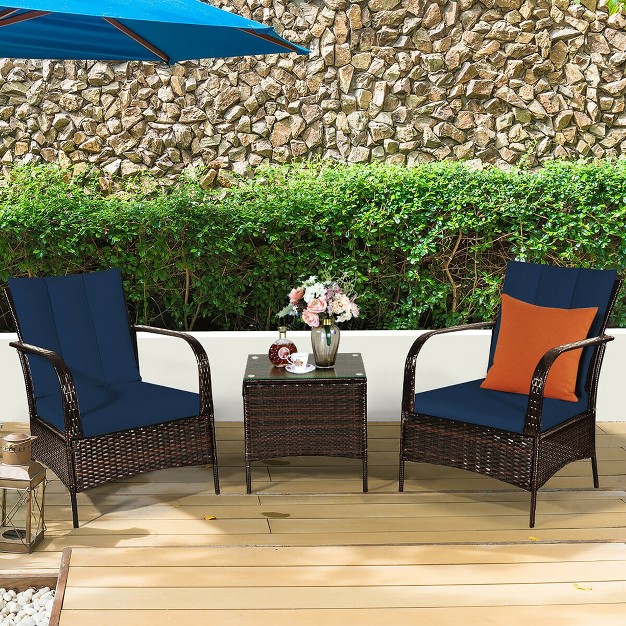 Costway 3 Pcs Patio Rattan Furniture Set Coffee Table amp 2 Rattan Chair W navy Cushions