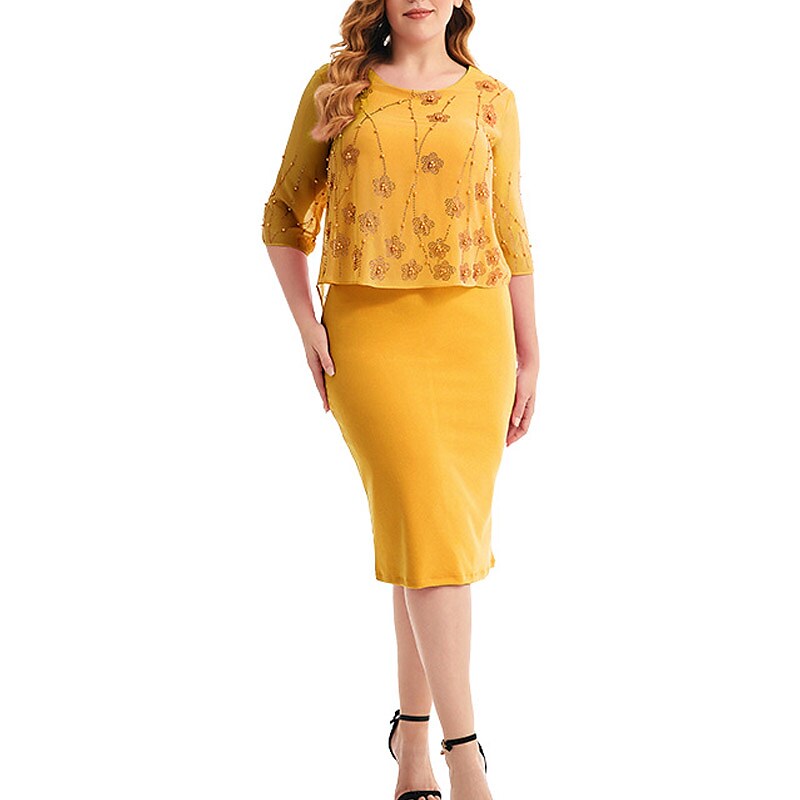 Women's Plus Size Work Dress Floral Crew Neck Print 3/4 Length Sleeve Dress