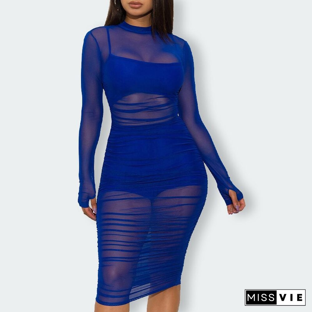 Sexy Black Mesh Dress Women Long Sleeve Ruched Bodycon Dress Plus Size Summer Midi Long Party Dress 3 Piece Set Outfits