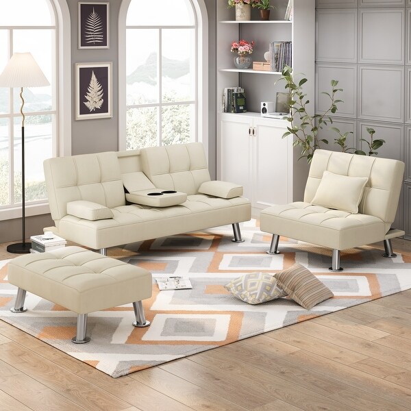 3 pcs Fabric Folding Sofa Set with Loveseat with 2 cup holder，Single Sofa Bed and Ottoman