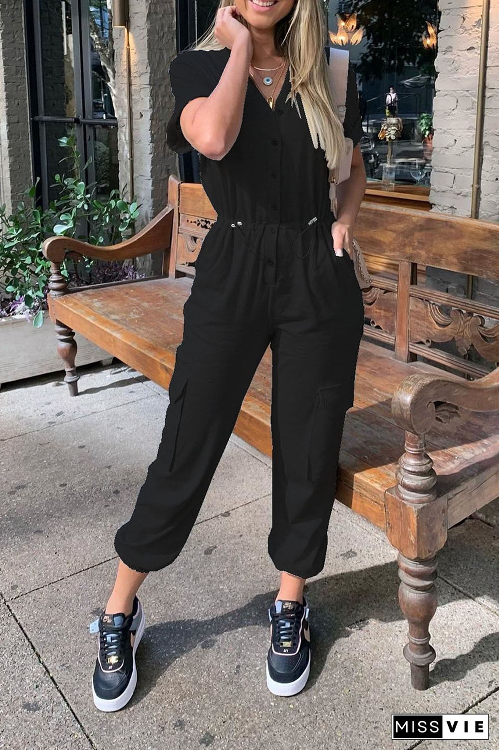 Button Drawstring Pockets Jogger Jumpsuit