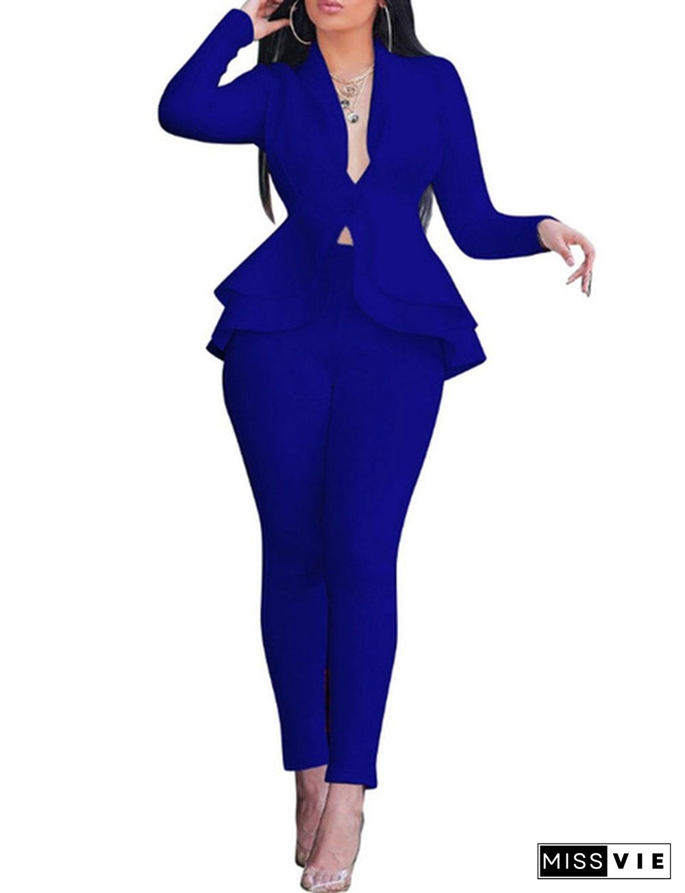 Women's 2 Piece Business Outfit Casual Blazer And Pencil Pant Suits Set