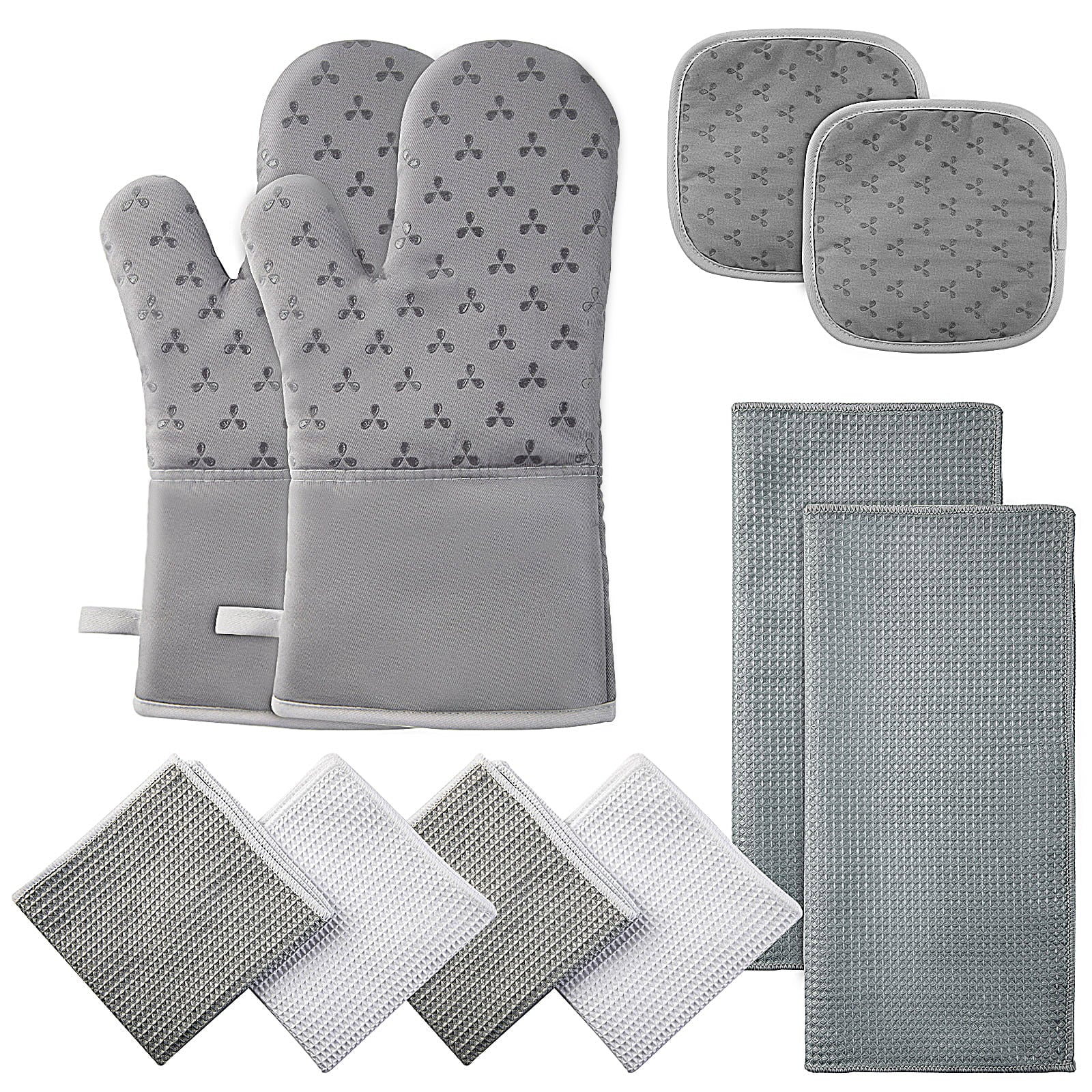 LOAOL 10 Pieces Oven Mitts Sets and Pot Holders Towel Set， Heat-Resistant Kitchen Oven Gloves， Grey