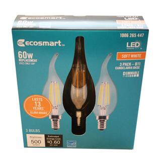 EcoSmart 60-Watt Equivalent B11 Dimmable Candelabra Flame Bent Tip Clear Glass LED Vintage Edison Light Bulb Soft White (3-Pack) FG-04188