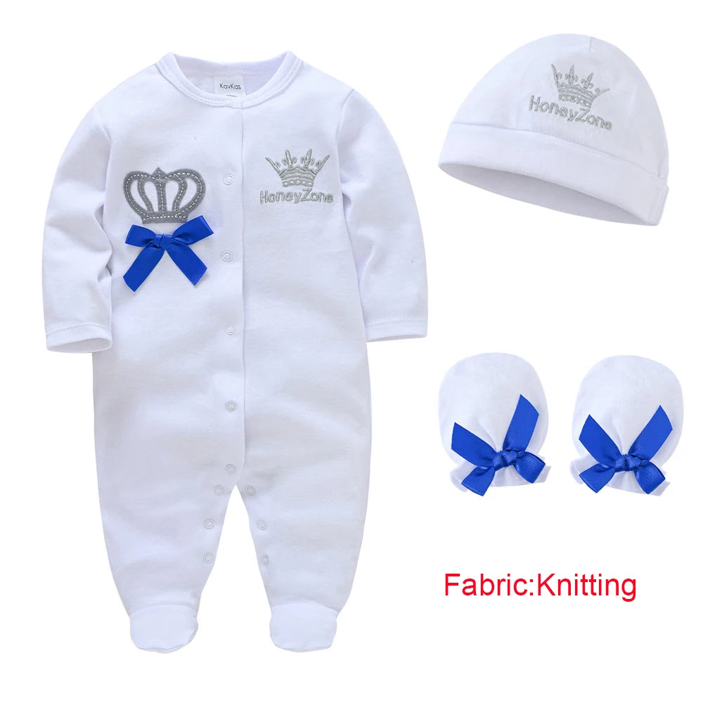 Honeyzone Baby Boy Girls Clothes Romper+Gloves+Hat 3 Pcs/lot Crown Design Cotton Bebe Clothing Long Sleeve Infant Jumpsuit