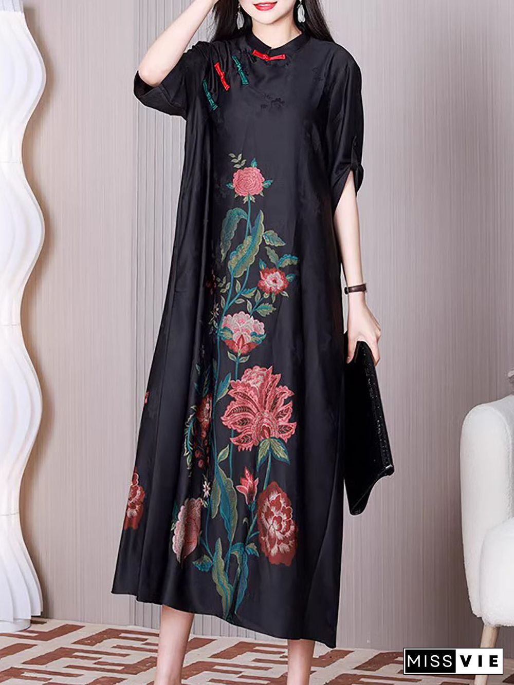 Plus Size Women Ethnic Flower A-shape Loose Dress