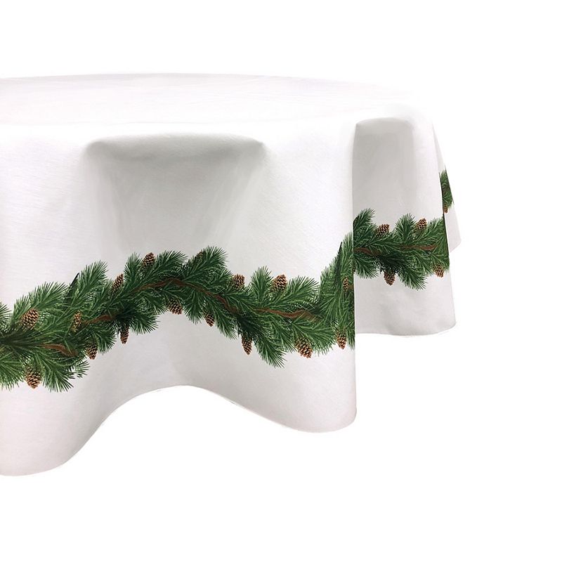 Round Tablecloth， 100% Polyester， 70 Round， Pine and Cone Garland