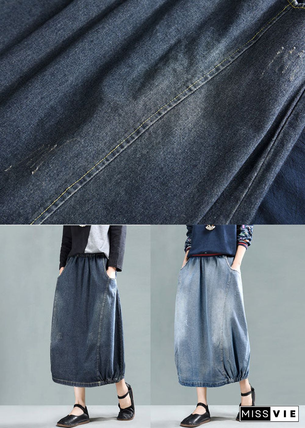 Dark Blue Patchwork Denim A Line Skirt Wrinkled Spring