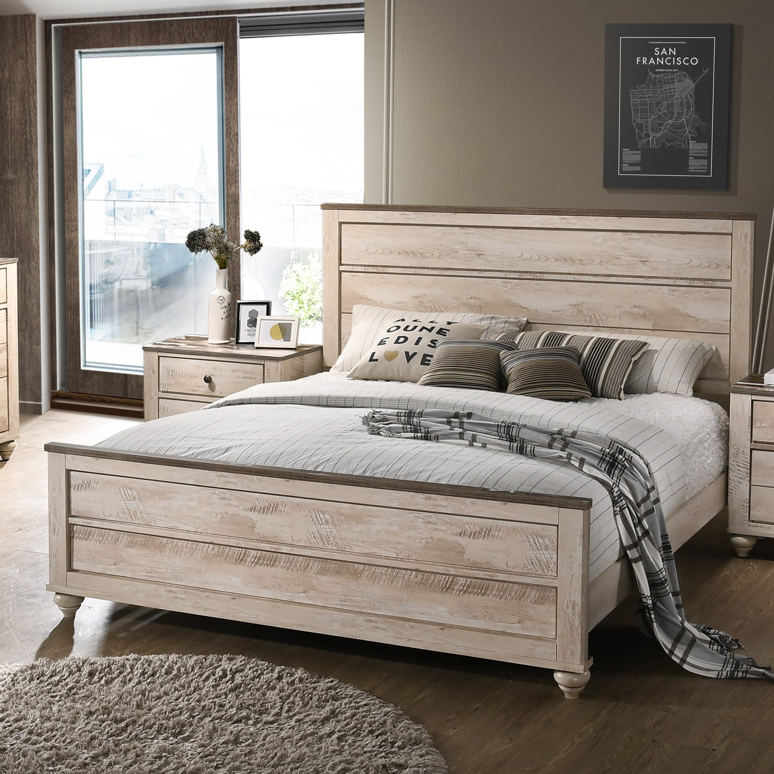 Roundhill Furniture Imerland Contemporary White Wash Finish Panel King Bed