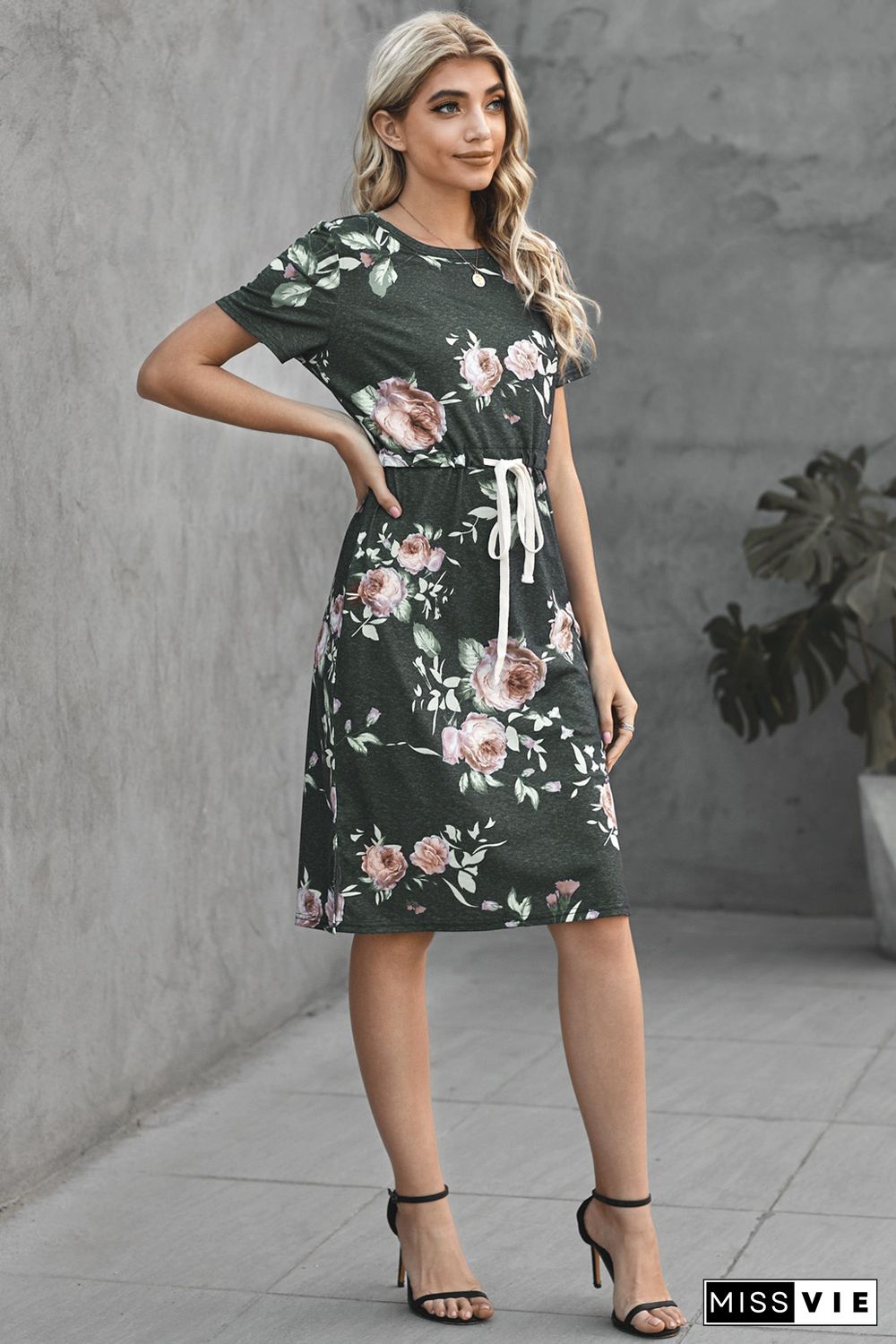 Short Sleeve Pocketed Drawstring Casual Floral Dress