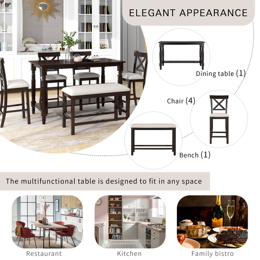 6 Piece Dining Table Set  Counter Height Table with 4 Upholstered Chairs and Bench for Dining Room Kitchen Breakfast Nook