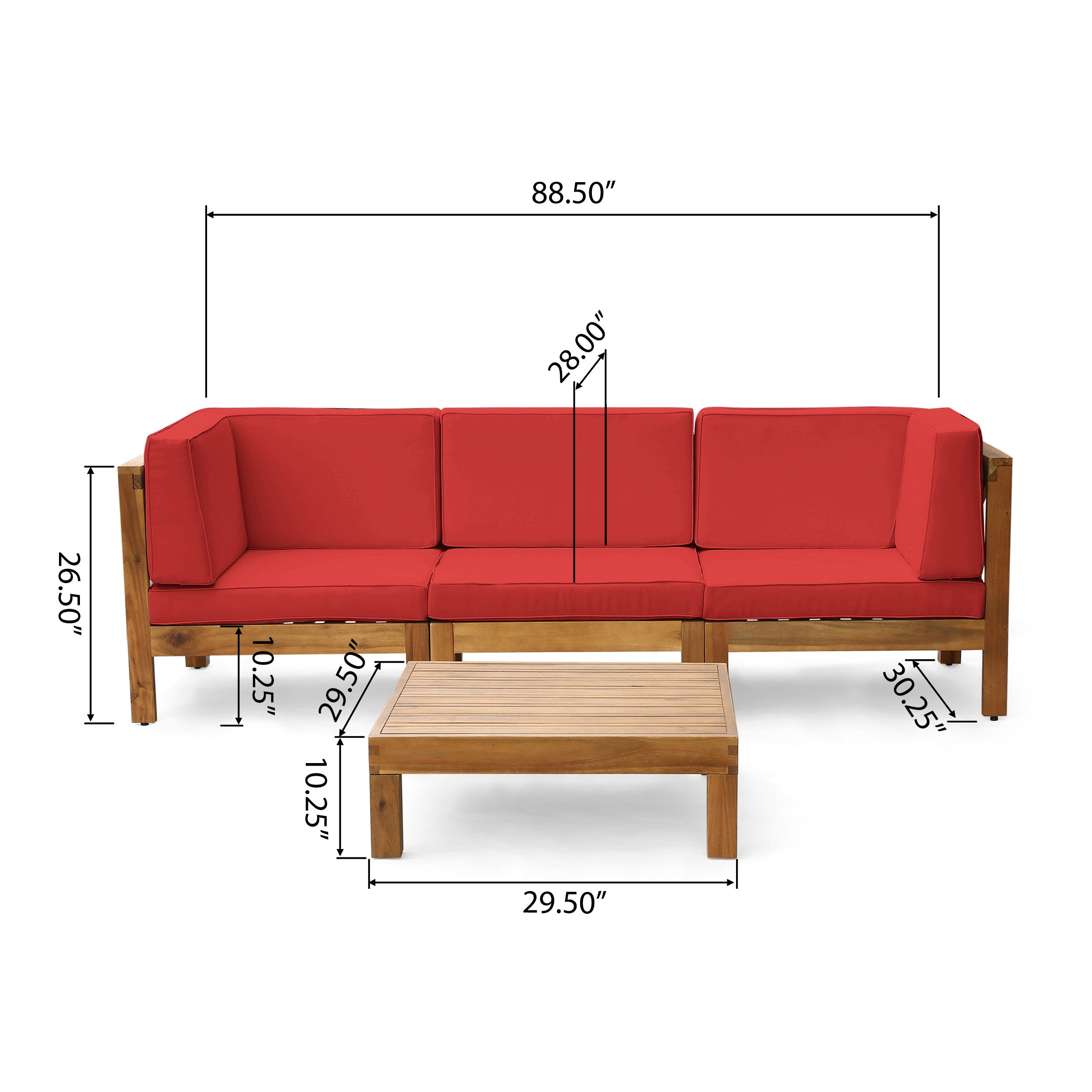 Brava Outdoor Modular Acacia Wood Sofa and Coffee Table Set with Cushions