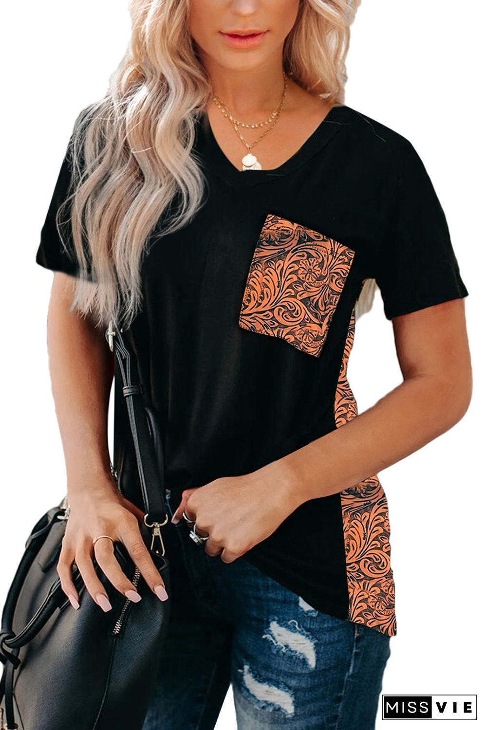 Black Women's Casual Printed Splicing Pullover Pocket T-shirt