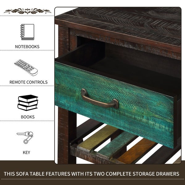 Retro Simplicity Console Table with 2 Drawers and 2 Open Shelfs， Entryway Table with Distressed Finish for Entryway Living Room