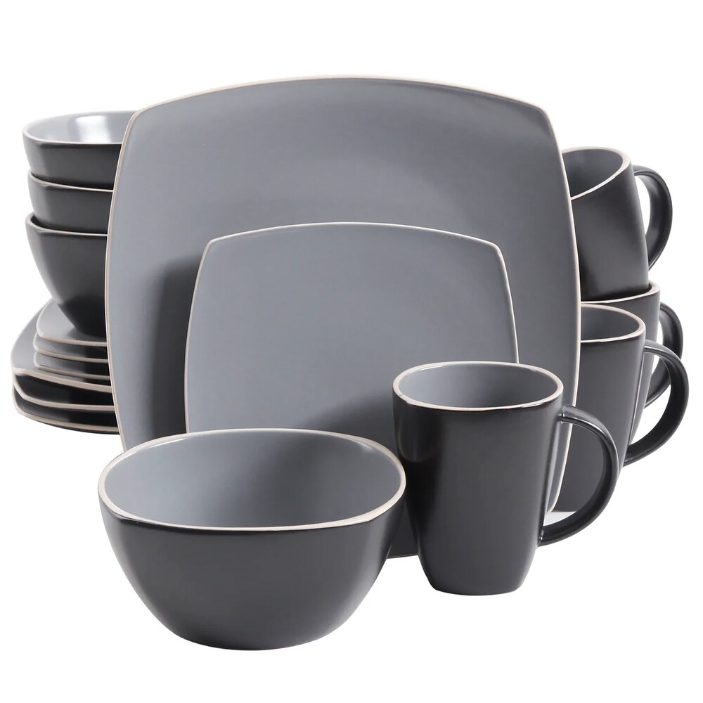 16 Piece Soft Square Stoneware Dinnerware Set in Grey Matte