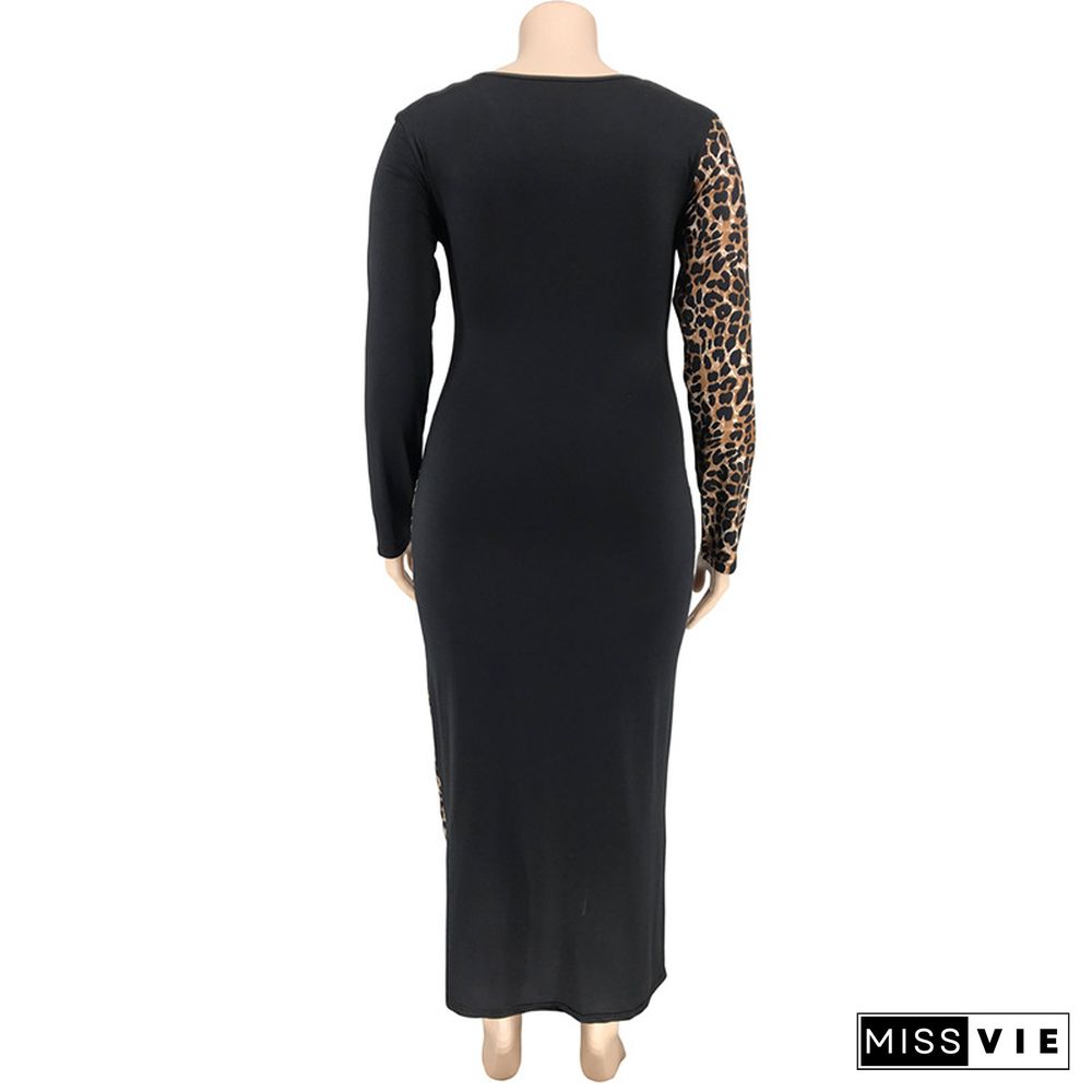 Sexy Deep V Leopard Print Patchwork Plus Size Maxi Dress