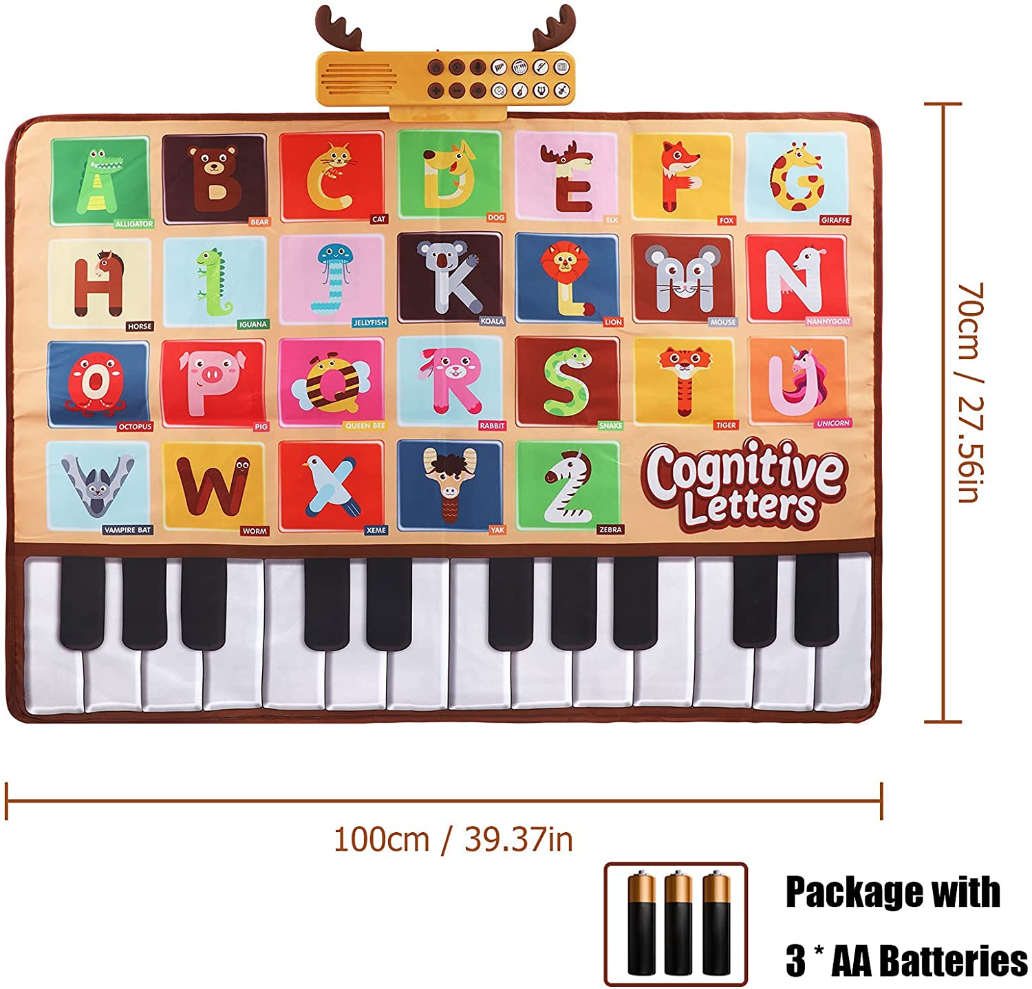 Allaugh Baby Piano Mat with 26 Letters，6 Instruments Sounds Animal Touch Keyboard Dance Mat， Floor Piano Mat Learning Toys for Boy Toddler -1pc