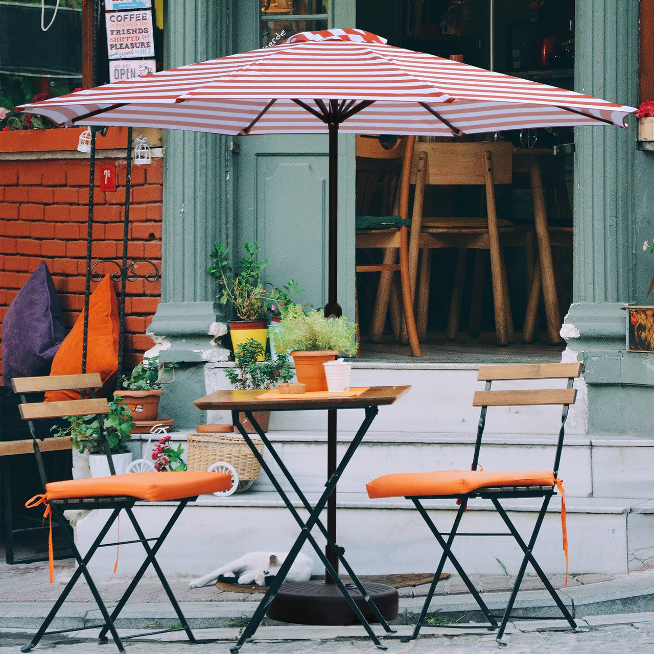 9Ft Patio Umbrella Outdoor Garden Table Patio Folding 8 Ribs Adjustable Crank Orange Stripe