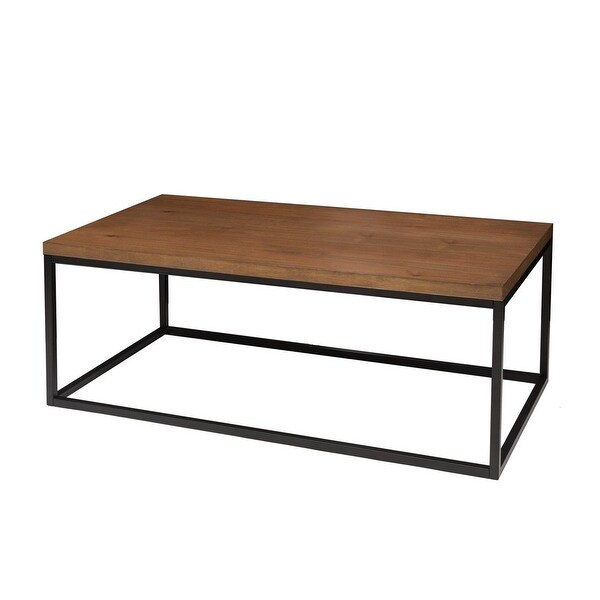 Modern Industrial Wood Coffee Table with Black Metal Box Frame and Dark Walnut Finish