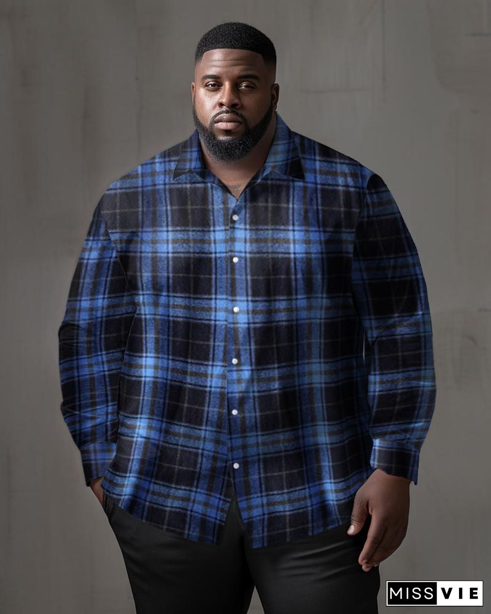 Men's Classic Casual Plus Size Blue Black Plaid Long Sleeve Lapel Shirt