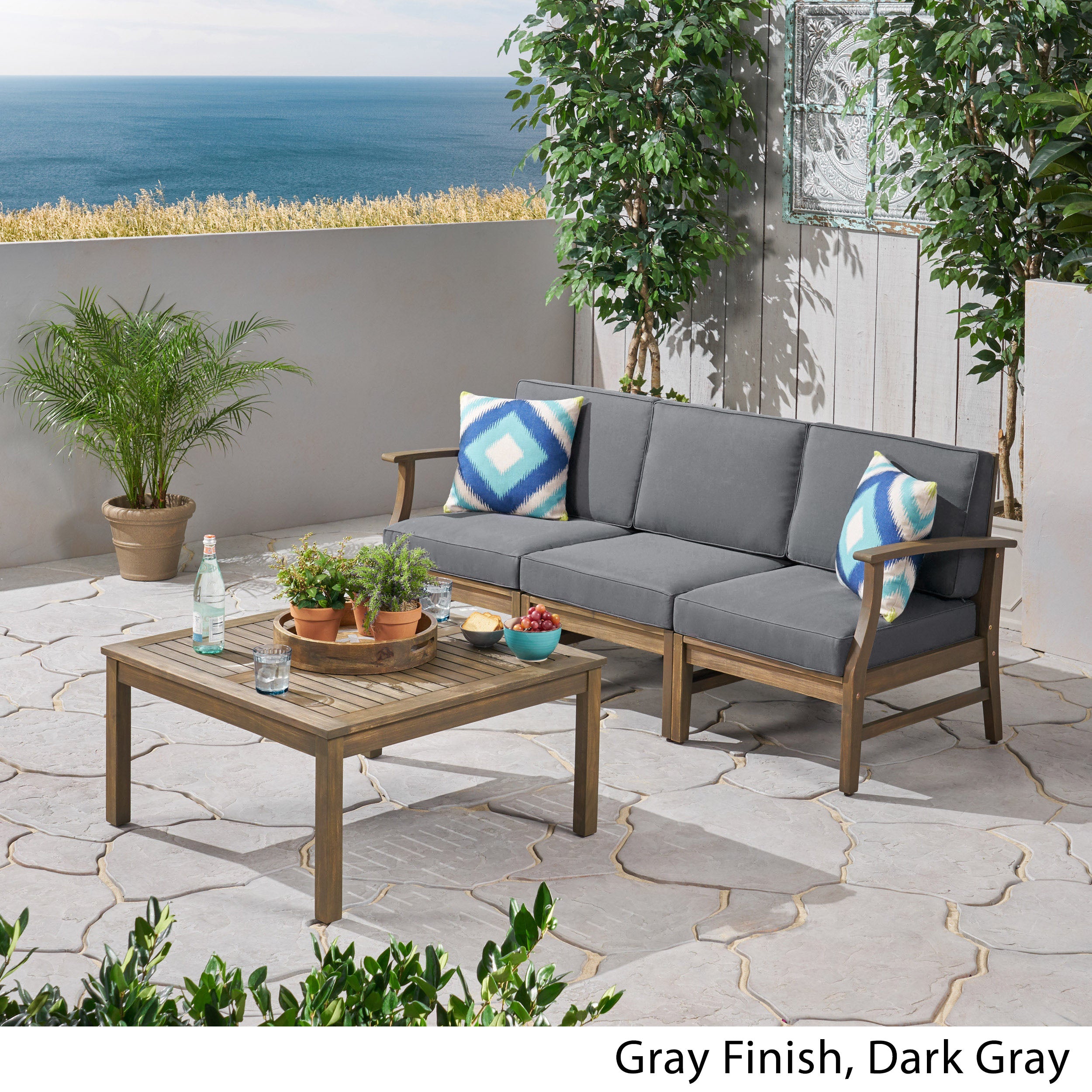 Lorelei Outdoor 4 Piece Acacia Wood Sofa and Coffee Table Set