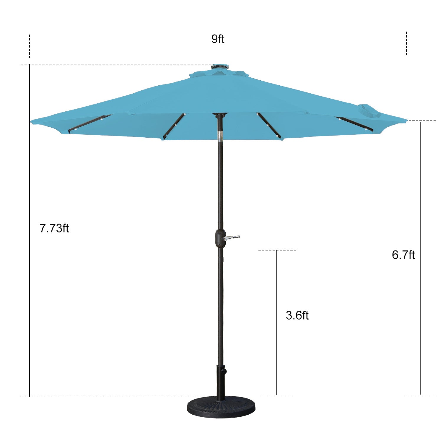 9Ft LED Lights Outdoor Solar Patio Umbrella for Deck, Pool W/ Tilt & Crank, 8 Ribs, Lake Blue