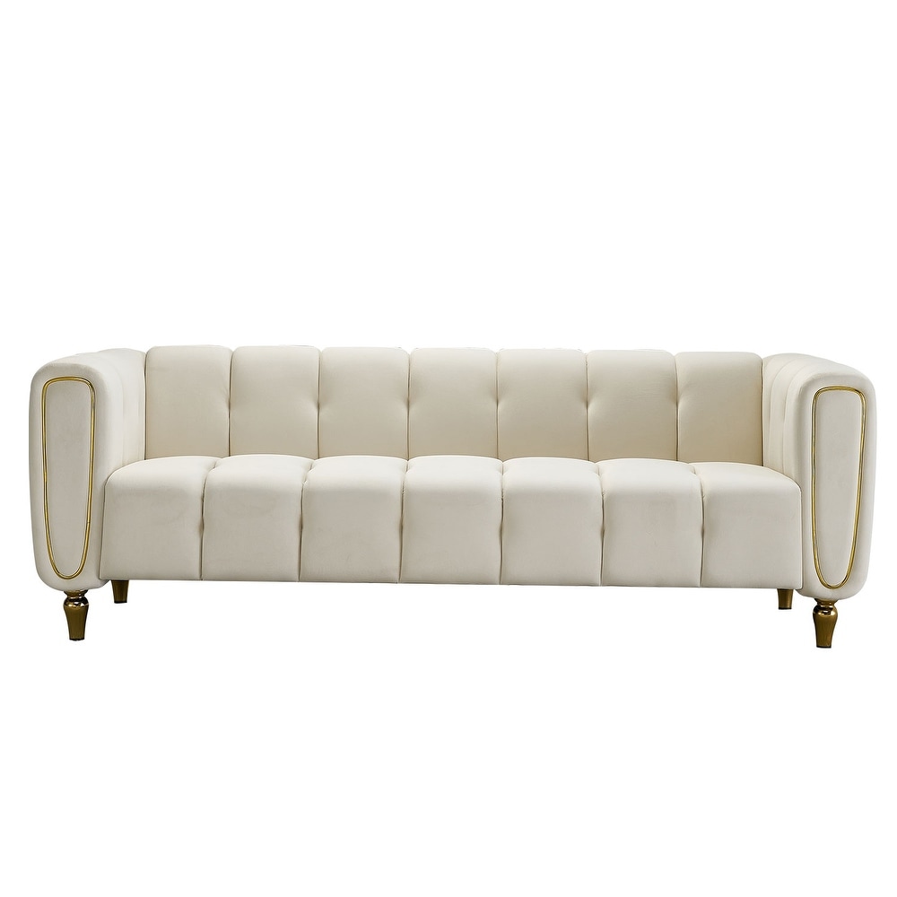 Modern Living Room Velvet Sofa Couch Upholstered 3 Seaters Round Arms Sofa with Golden Stripe and Golden Metal Legs