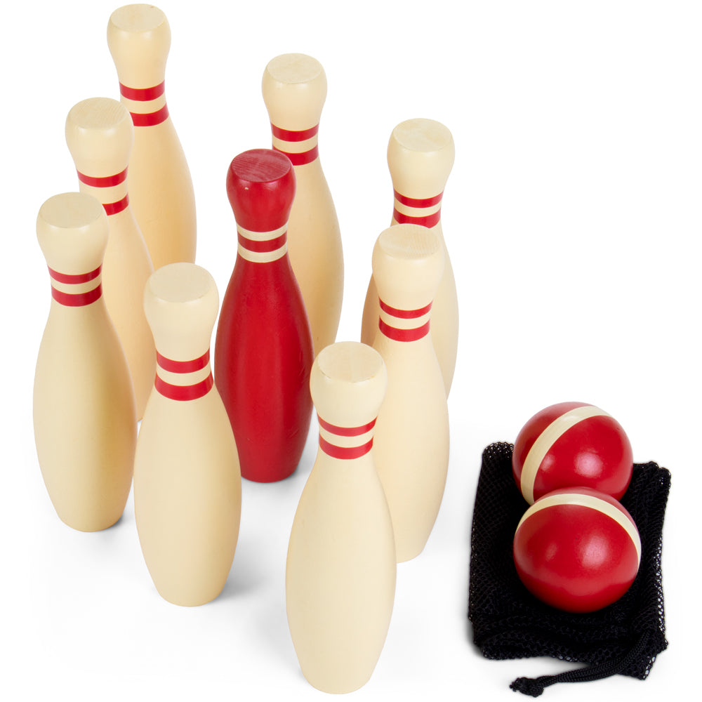 Brybelly Wooden Lawn Bowling Set | Classic Outdoor Lawn Game for Families and Children | Great for Birthday Parties， Picnics， BBQs， and More | Comes with 10 Pins， Two Wooden Balls， and Carry Bag