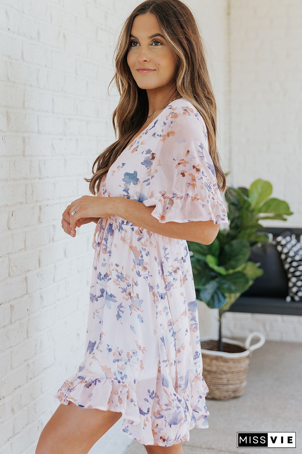 Pink Floral Print Flared Sleeve Ruffle Dress