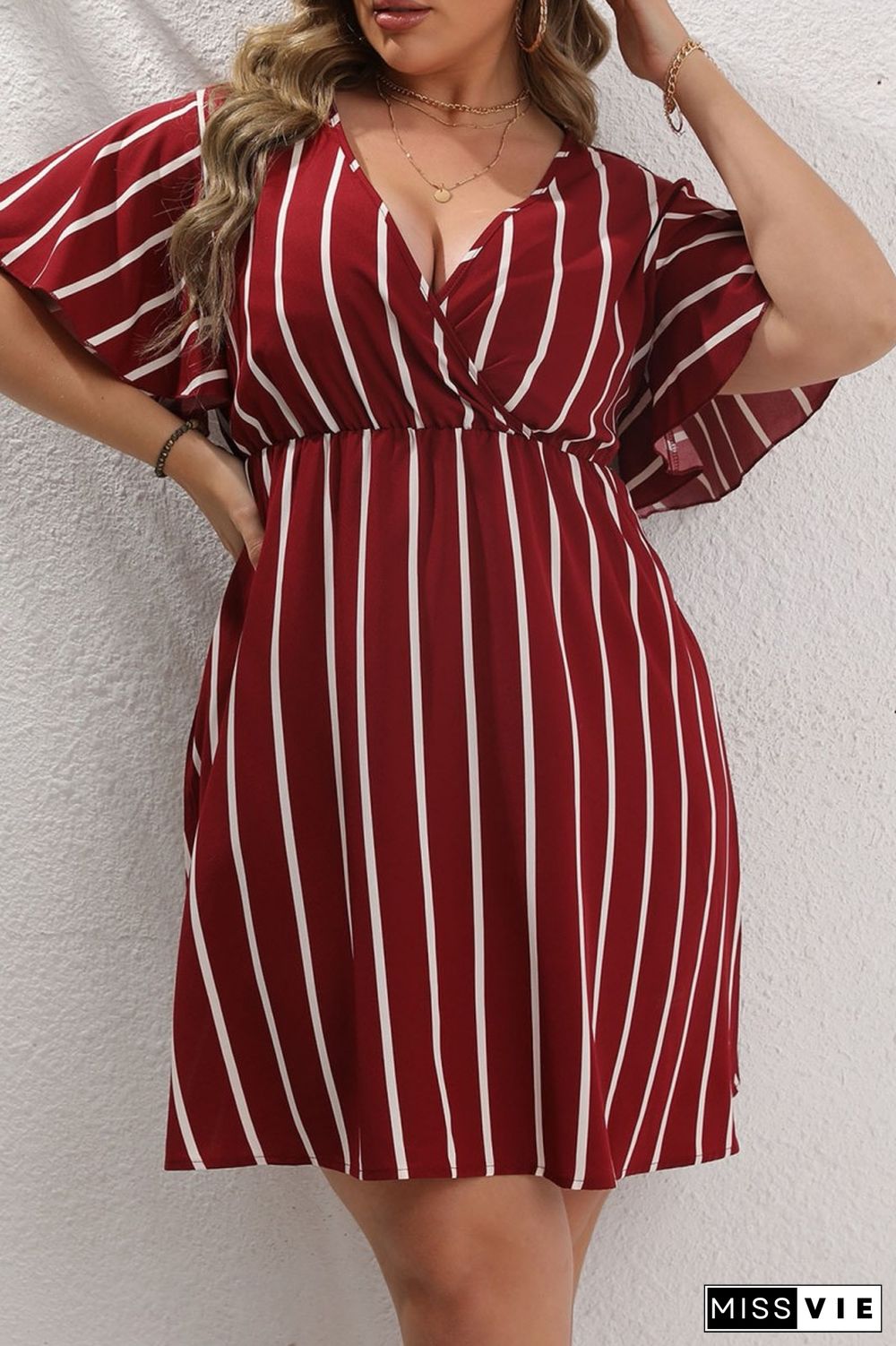 Black Casual Striped Print Patchwork V Neck Short Sleeve Dress Plus Size Dresses