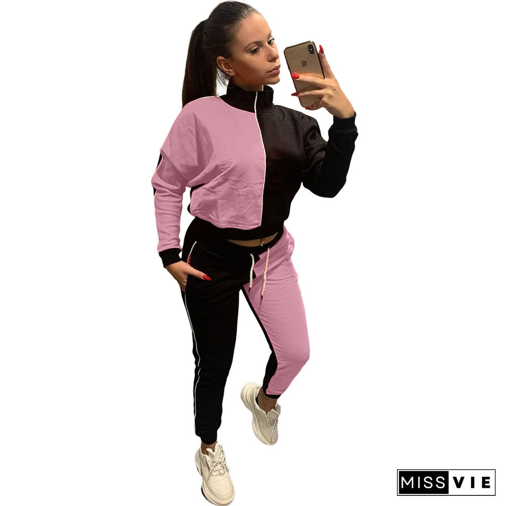 Color Contrast Zip Jacket Sporty Pants Two Piece Set