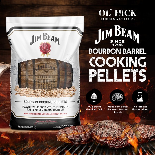 Ol x27 Hick Cooking Pellets Jim Beam Bourbon Barrel Barbecue Smoker Natural Oak Pellets For Grilling Smoking Or Braising 20 Pound Bag