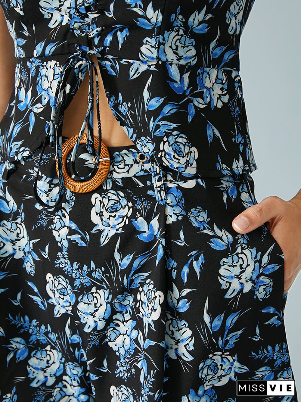 Navy Calico Print Belt Pocket Invisible Zip Elegant Shorts For Women