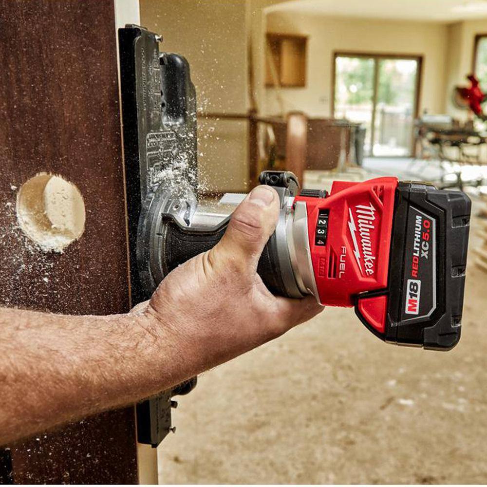 MW M18 FUEL 18V Lithium-Ion Brushless Cordless Compact Router w Compact Router Offset Base  Router Plunge Base 2723-20-48-10-5602-48-10-5601