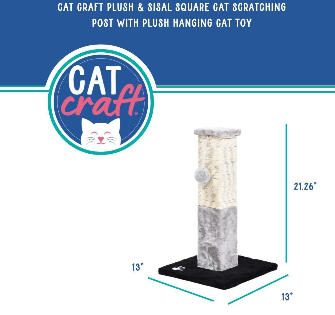 Cat Craft Plush and Sisal Square Cat Scratching Post with Plush Hanging Cat Toy， Gray/Natural， Small