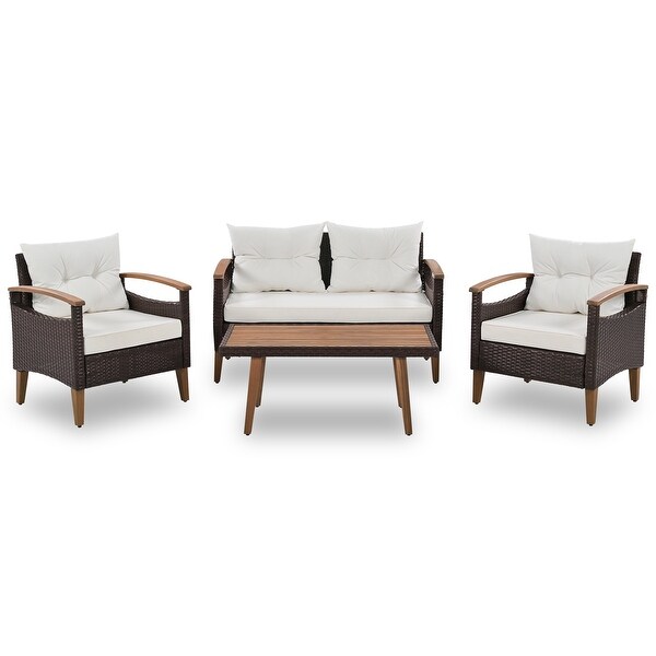 4-Piece Garden Furniture， Patio Conversation Sets， PE Rattan Outdoor Sofa Seating Set with Wood Table and Adjustable Legs Design - Overstock - 37503676