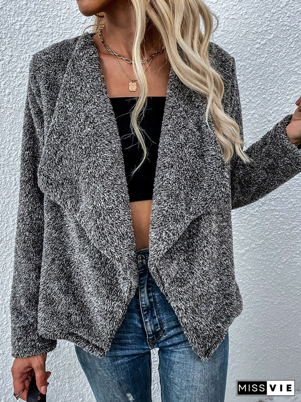 Lapel Collar Long Sleeve Fur Jacket