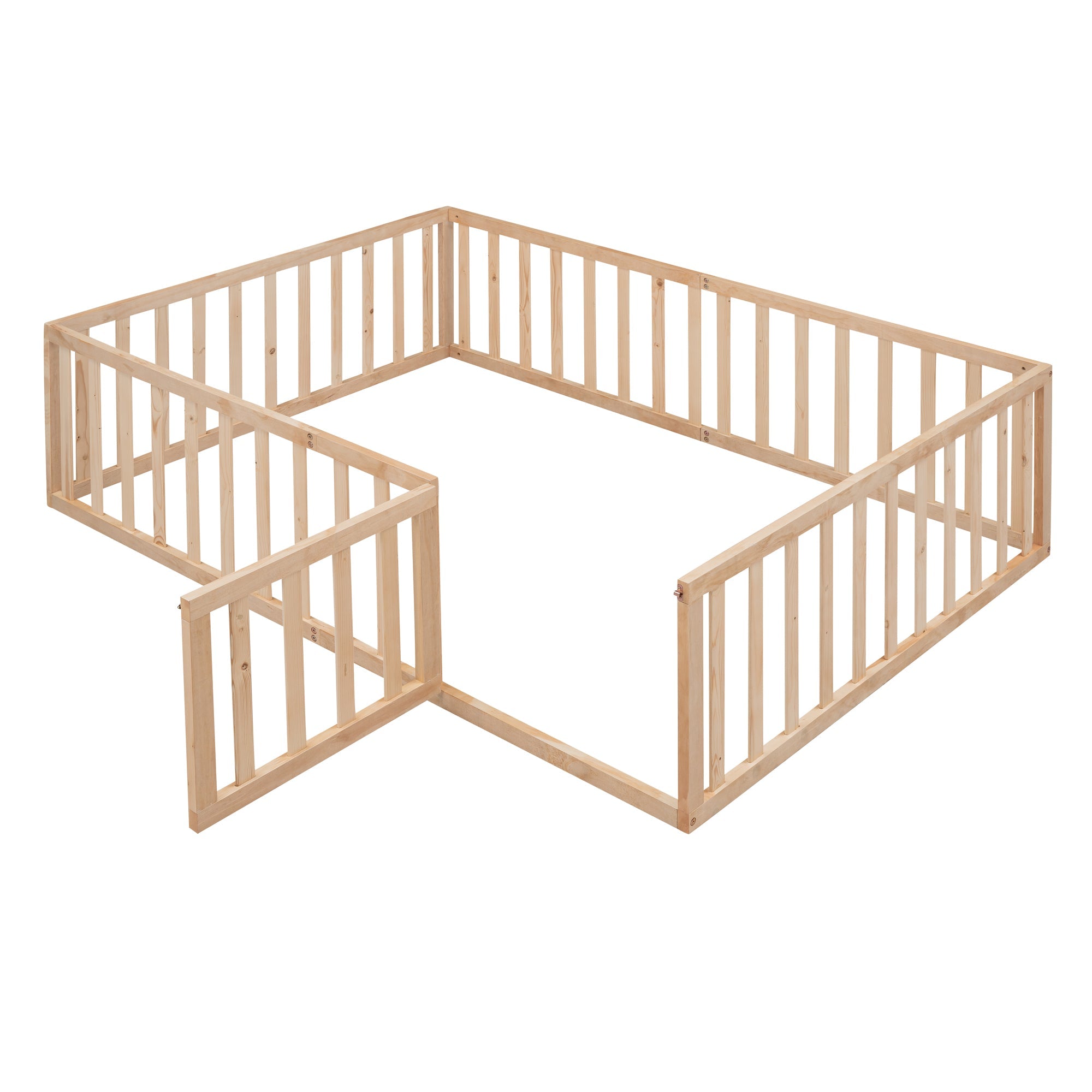 uhomepro Full Floor Bed Frame for Toddlers, Floor Kids Bed with Fence and Door, Low Wood Beds for Girls Boys, Natural